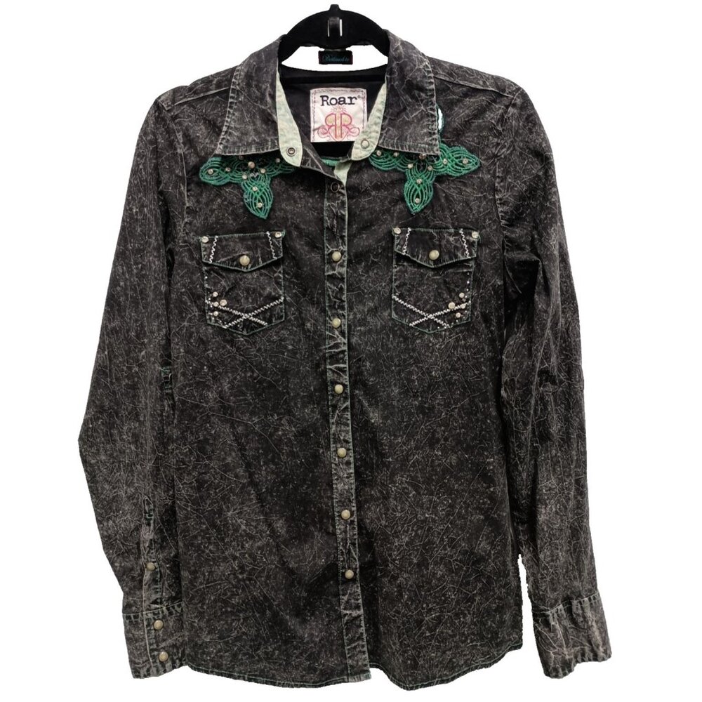 Roar Women's Dark Gray Shirt with Green Embellishments